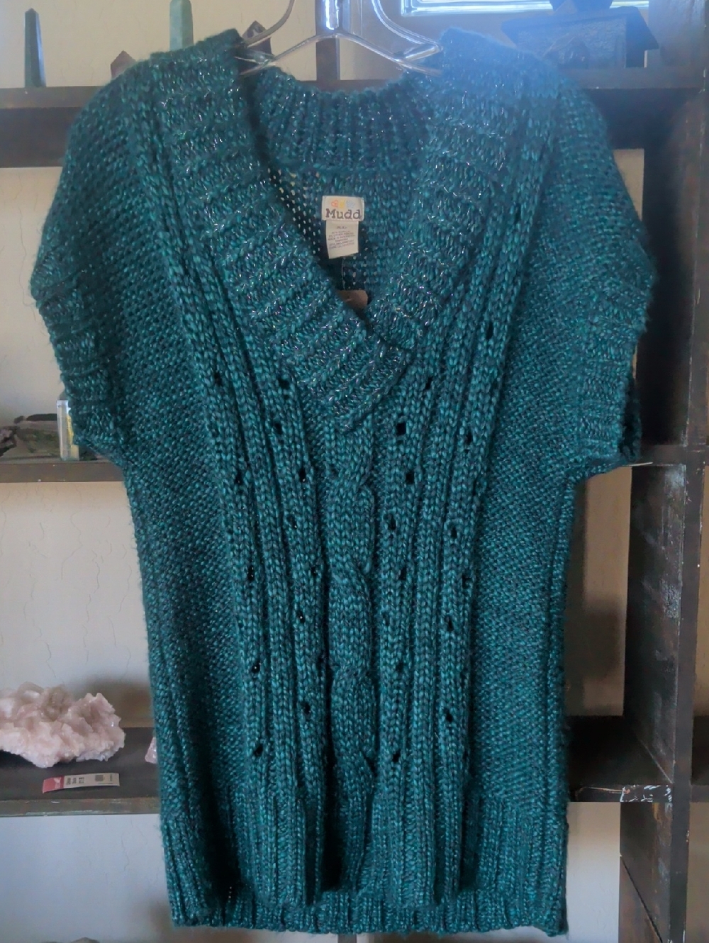Y2k Mudd Teal Cable Knit V-Neck Short Sleeve Sweater
